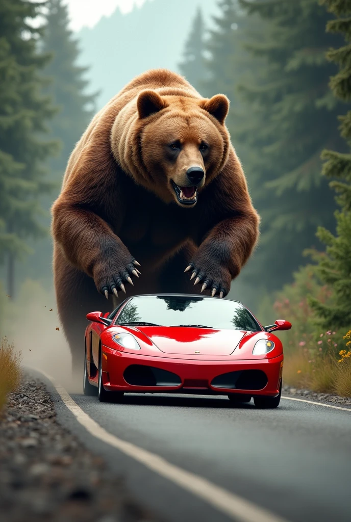 A bear chasing a red car