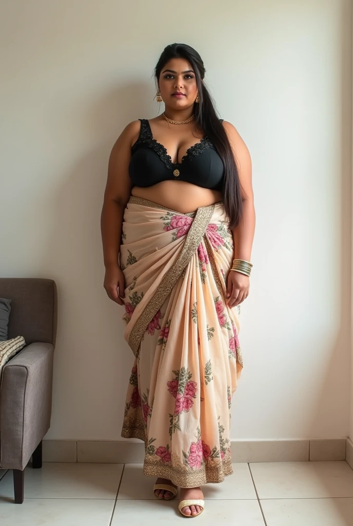 (photorealism:1.2), beautiful indian north indian married chubby woman, 35yo, big breasts, standing against white wall at home with floor tiles, wearing floral sheer skirt agd black strappy choli top, high golden heels, long straight hair pony, indoors, soft lighting, nothing in background, matching traditional footwear