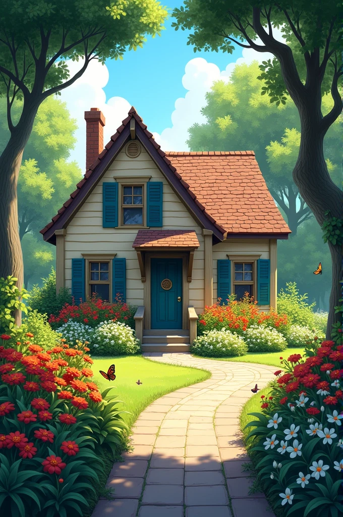 "Picture a quaint cottage nestled in a serene neighborhood, its architecture classic with a steeply pitched roof and a welcoming front door. Surrounding the house, a lush garden in full bloom under a canopy of mature trees that filter dappled sunlight onto the path. The garden is a riot of colors with red, orange, and white flowers, each cluster more vibrant than the last, attracting fluttering butterflies and busy bees. This idyllic setting is further enhanced by the clear blue sky peeking through the foliage, creating a perfect blend of nature and nurturing, rendered in a bright, colorful digital painting style."