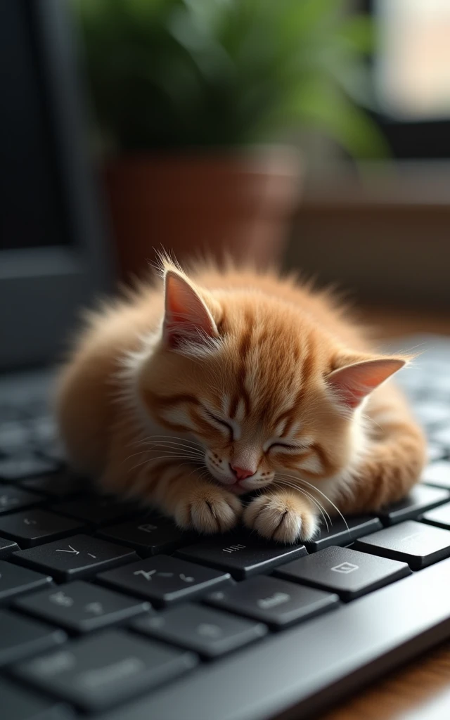 Realistic、A small baby brown cat sleeping on a computer keyboard