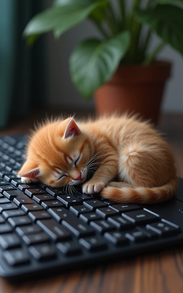 Realistic、A small baby brown cat sleeping on a computer keyboard