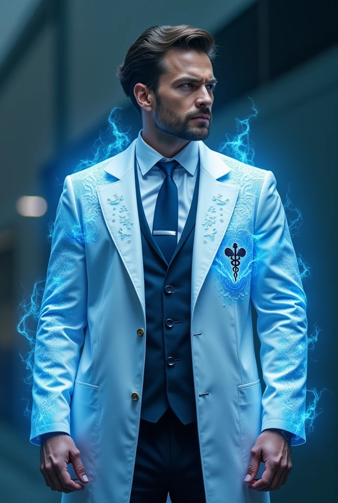 A men's suit like a white and blue lab coat with caduceus emblems (Symbol of medicine) Nos ombros. The suit emits a light aura of healing energy and has details that resemble a heartbeat..