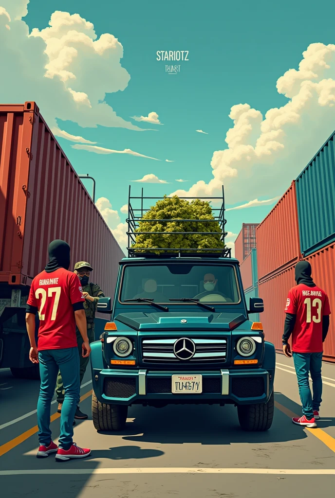 An animated picture where a container full of cannabis is being unloaded at a container port by several people and all people are wearing a Moroccan jersey and are fully masked and the whole cannabis is being loaded into a Mercedes SUV and at the top of the picture it says STARIOTZ in large letters