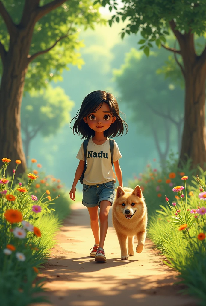 A 16-year-old Sri Lankan girl is walking with a dog in a park with the name Naduu written on her shirt.