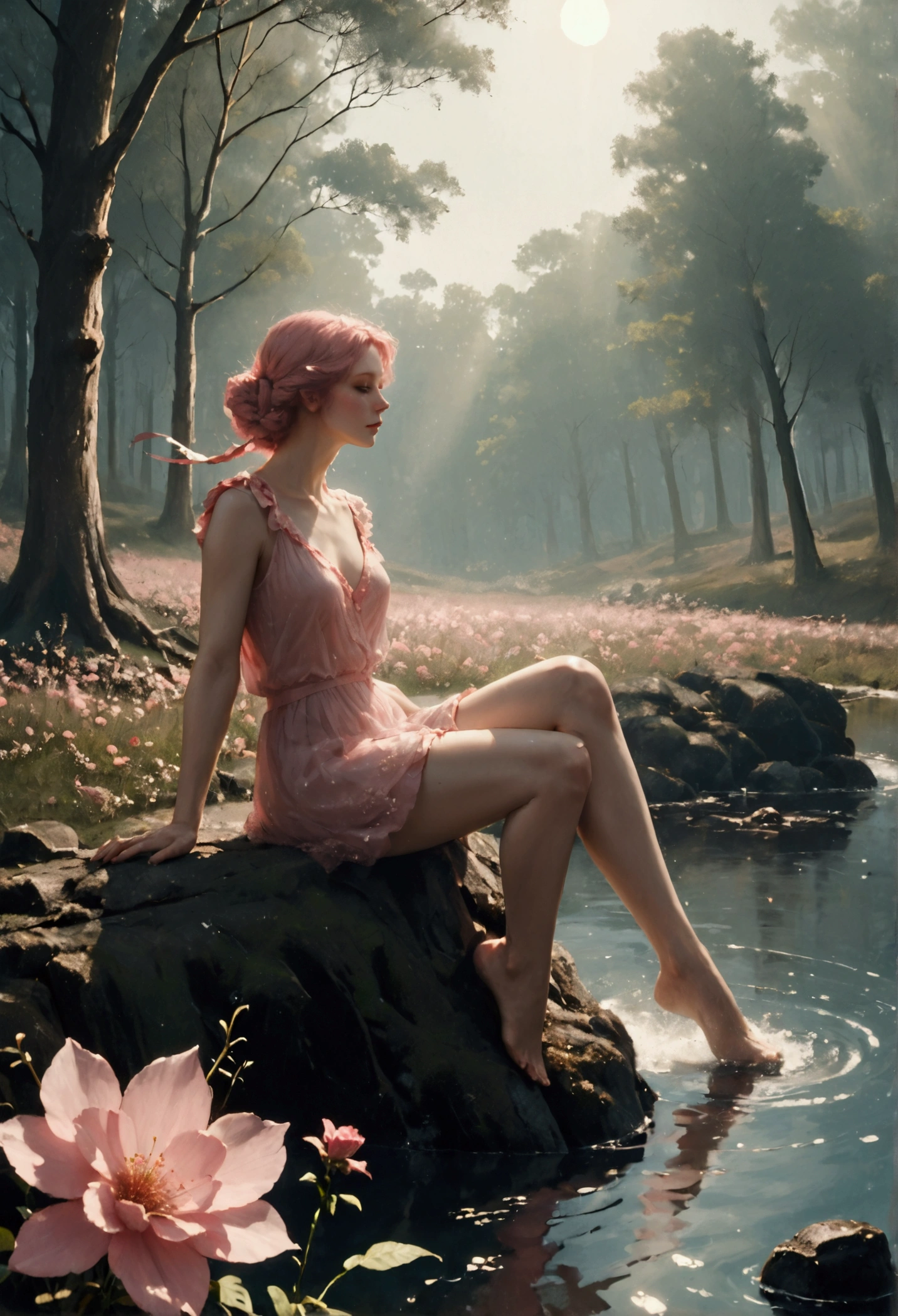 (work of art, best qualityer, high resolution:1.4), detailded, details Intricate, 4K, color splashing, line art). 1womanl. Her skin is made of pink flowers all over her body. She is sitting on a slimy log. The scene is a forest with spaced trees, that shines beams of sunlight on her skin and the grass on the ground. She looks up at the sky with half-closed eyes., as if you were feeling the sun&#39;s rays touching your skin. your hair is the color of your skin, your skin is pink.   floral frame, decorative panels, artistic by Vincent Van Gogh, Van Gogh
