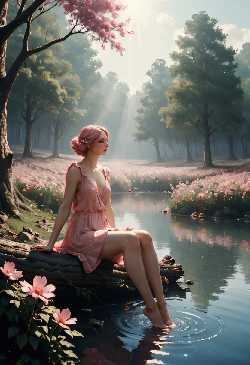 (work of art, best qualityer, high resolution:1.4), detailded, details Intricate, 4K, color splashing, line art). 1womanl. Her skin is made of pink flowers all over her body. She is sitting on a slimy log. The scene is a forest with spaced trees, that shines beams of sunlight on her skin and the grass on the ground. She looks up at the sky with half-closed eyes., as if you were feeling the sun&#39;s rays touching your skin. your hair is the color of your skin, your skin is pink.   floral frame, decorative panels, artistic by Vincent Van Gogh, Van Gogh
