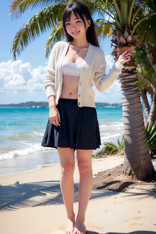 ((Highest quality)), ((masterpiece)), (detailed), One person, sexy, bangs, twin-tail hair, smile, ocean, sandy beach, cardigan, long skirt, flip-flops, bare feet,