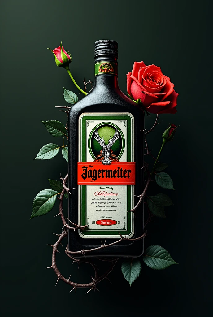 A bottle of Jagger with a rose with thorns wrapped around the Jagger in a logo-like design, bottomless