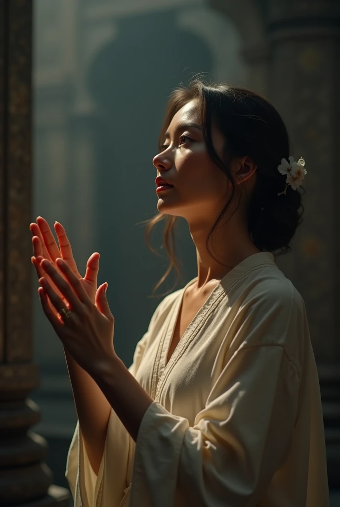 realistic image 32 year old woman worshiping God image 18k