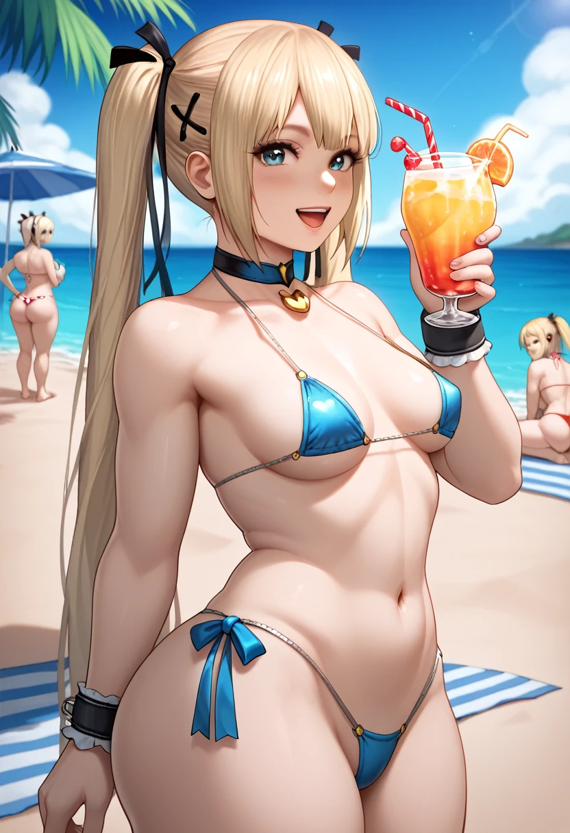 best quality:1.2), 1 girl, Venus body, cowboy shot, Marie Rose, DOA, blonde hair, Venus bikini, fortune bikini, jewelry, navel, posing, cute, sexy, expressive face, happy, posing with drink, beach, happy, ample breasts, huge ass, cute, happy, party, venus island, 3/4 view, side view, 