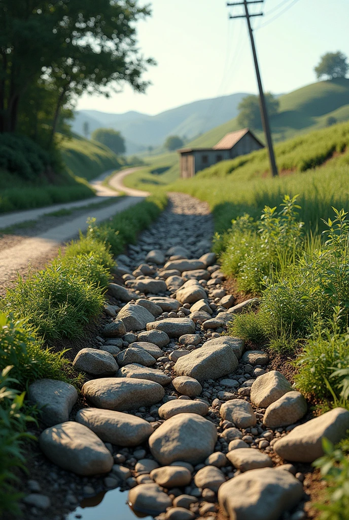 drainage channel filled with stones and plants in rural path, make the drainege channel without water and just with a lot of rocks (fill to the brim)