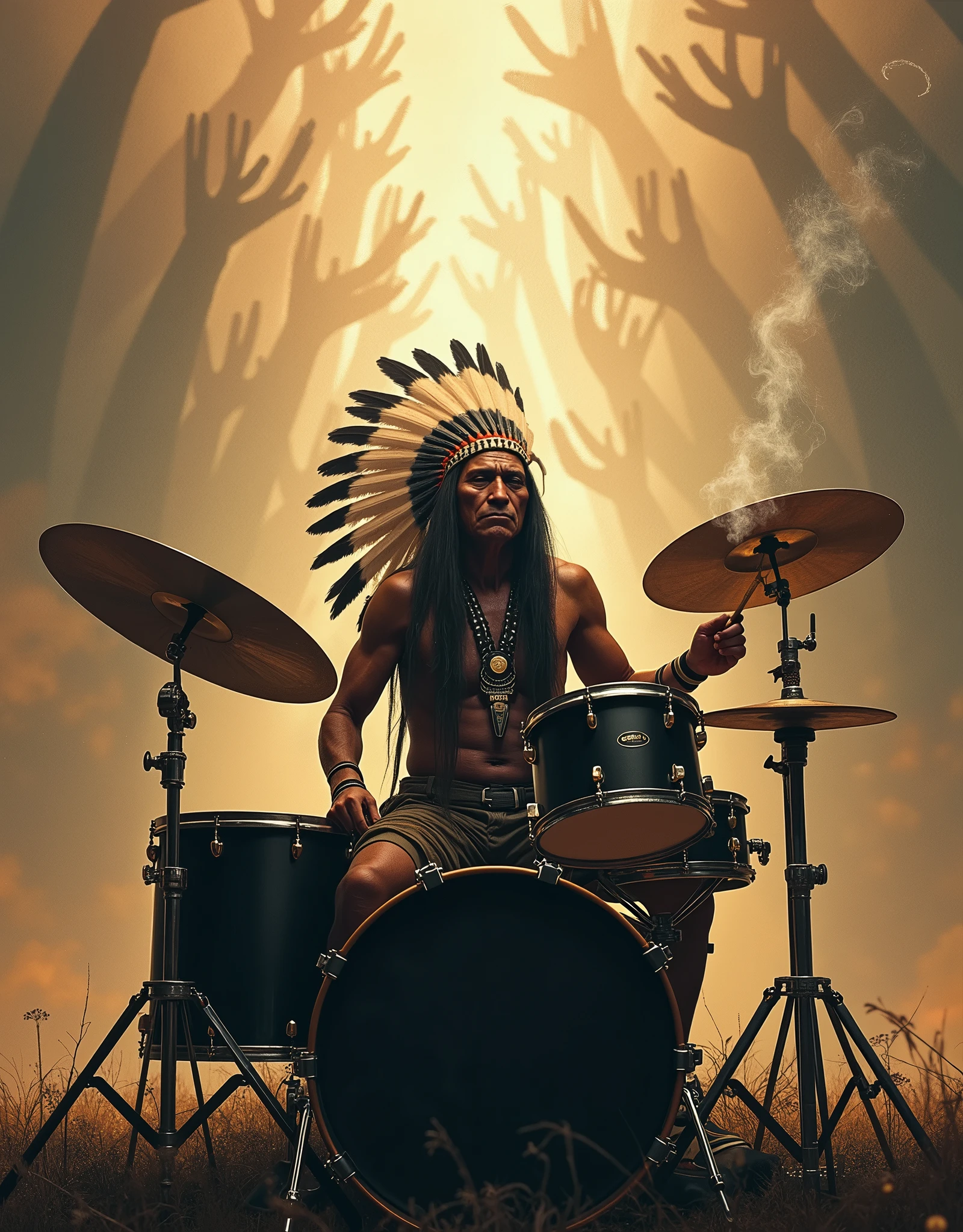 a sullen Indian smokes a peace pipe in a feather headdress plays a big rock drum kit and behind him many human souls fly into the sky, the indian looks straight ahead, drum set black two cymbals and 3 drums