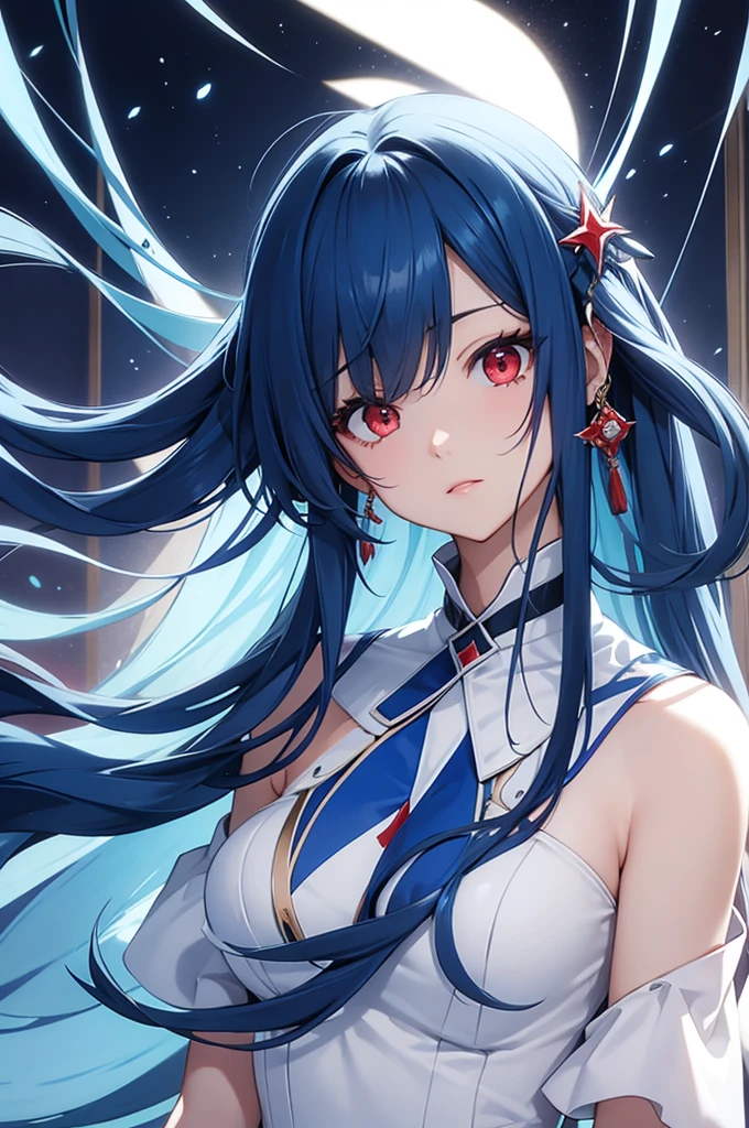 Blue colored long hair、Center parted bangs、Red eyes
