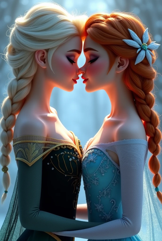 A stunning portrait of Elsa and her sister Anna touching each others breasts, kissing, French kissing, tongues touching, they are kissing, young and beautiful, hyper realistic, real portrait, backlit, exquisite features, cleavage, Elsa is in ecstasy, elsa is shorter than Anna, Anna is confident, Elsa is unsure