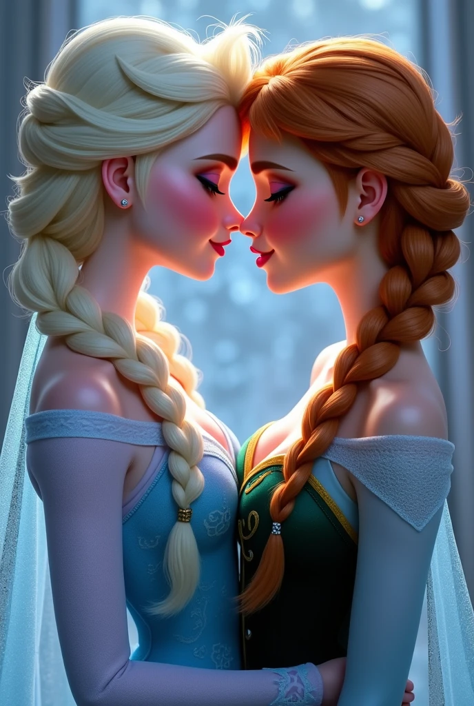 A stunning portrait of Elsa and her sister Anna touching each others breasts, kissing, French kissing, tongues touching, they are kissing, young and beautiful, hyper realistic, real portrait, backlit, exquisite features, cleavage, Elsa is in ecstasy, elsa is shorter than Anna, Anna is confident, Elsa is unsure