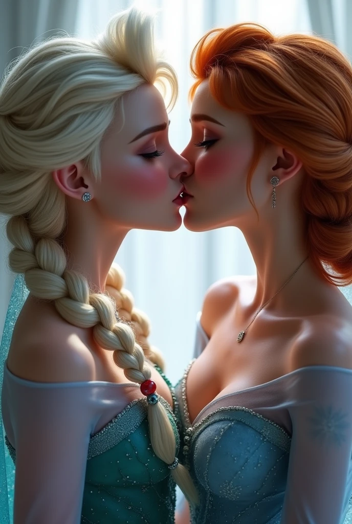 A stunning portrait of Elsa and her sister Anna touching each others breasts, kissing, French kissing, tongues touching, they are kissing, young and beautiful, hyper realistic, real portrait, backlit, exquisite features, cleavage, Elsa is in ecstasy, elsa is shorter than Anna, Anna is confident, Elsa is unsure