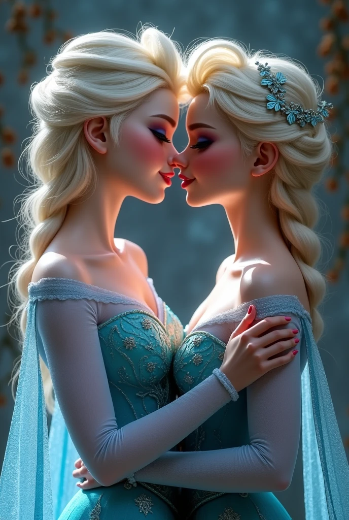 A stunning portrait of Elsa and her sister Anna touching each others breasts, kissing, French kissing, tongues touching, they are kissing, young and beautiful, hyper realistic, real portrait, backlit, exquisite features, cleavage, Elsa is in ecstasy, elsa is shorter than Anna, Anna is confident, Elsa is unsure