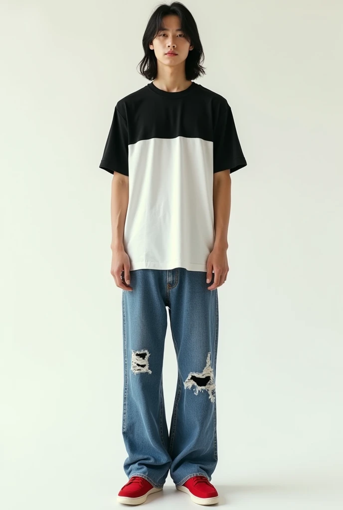 Realistic photo of a 24 year old Korean boy, pale face, beautiful face, Muscular and strong body, shoulder length long black hair , wearing a black and white shirt with short sleeves, wearing baggy wide loose baggy jeans with rips, wearing red Jordan, white background , making sexy gestures, fully body, posing for photo shoot, doing poses, polaroid , looking straight ahead