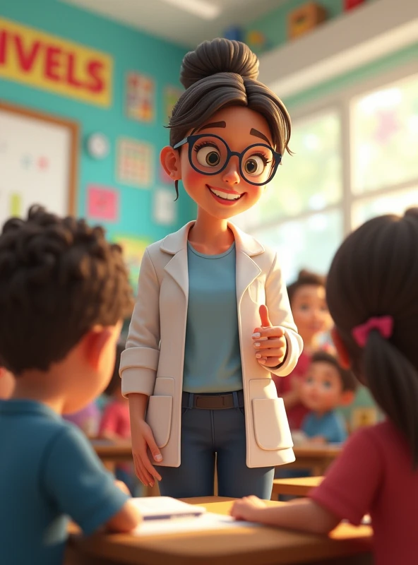 A dedicated teacher standing in the classroom, engaging with students surrounded by educational materials and a welcoming learning environment