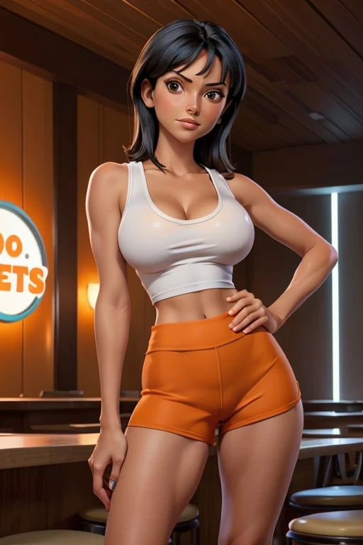 (masterpiece), best quality, expressive eyes, perfect face, front lighting, (inside sports bar restaurant background), (standing), (seductive look), (cleavage view), (1girl, nico robin, milf, latina, dark skin, black hair, short black hair with bangs, straight flat hairstyle, brown eyes, hourglass figure, thick body, curvy body, large breasts, huge breasts, oppai, large cleavage, wide hips, thick thighs), ((hooters uniform), (long white tanktop, long white tanktop, long white tanktop, sleeveless, ("HOOTERS" graphic text on shirt)), BREAK, (orange yoga shorts, orange yoga shorts, orange yoga shorts)),
