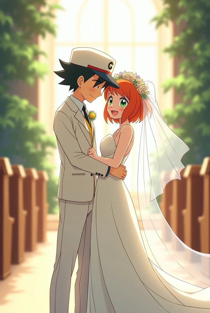 Draw the anime version of Ash from Pokémon in a groom's suit ,wearing a white cap and Misty in a beautiful wedding dress.
The dress has a fish fin style.
Let the bride's hair be short and orange ,Her eyes are green and she wears a long veil.
Let the background be soft and only the church bells can be seen Kiss
