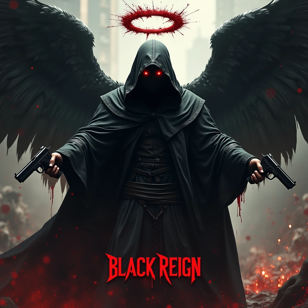 Black hooded man, mysterious, red eyes, bloody angel halo above head, big black angel wings, bloody background, holding two pistols, word “Black Reign” in large text below it, hyper realism, logo