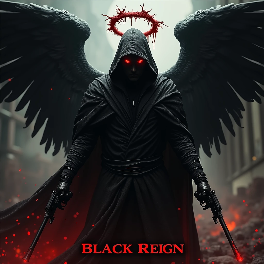 Black hooded man, mysterious, red eyes, bloody angel halo above head, big black angel wings, bloody background, holding two pistols, word “Black Reign” in large text below it, hyper realism, logo