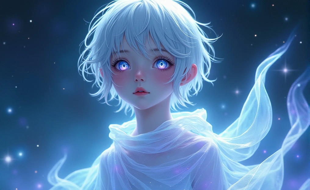 This image portrays an enchanting young man character with a striking, ethereal appearance. The character has pale, almost porcelain-like skin and short, white hair that is slightly tousled. Their eyes are vibrant, with a shimmering quality that reflects a spectrum of blues and purples, giving them a mystical, otherworldly gaze. The character is draped in a translucent, flowing material that glows with shades of blue, purple, and aqua, reminiscent of the night sky or a galaxy. This material wraps around them, enhancing their celestial and enigmatic aura. The background also contributes to this theme, with a deep, cosmic ambiance filled with subtle, star-like patterns and light trails, which blend seamlessly with the character's attire. Overall, the image exudes a cool, serene, and magical atmosphere, with the character embodying a celestial or astral being, seemingly beyond the mortal realm. The interplay of light, color, and texture adds depth to the image, making it visually captivating and evocative of a dreamlike world.