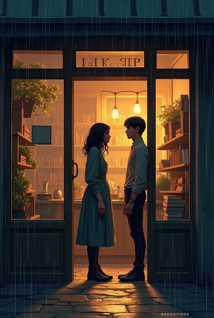 **Elara Enters the Bookshop**:
   - **Setting**: The same bookshop, but during a stormy evening, with rain pouring outside.
   - **Action**: Elara, drenched from the rain, bursts through the door, her expression determined but softened by kindness. Adrian, behind the counter, looks up, his eyes locking with hers. The scene focuses on their first meeting, capturing the warmth of the shop against the cold, stormy night outside.