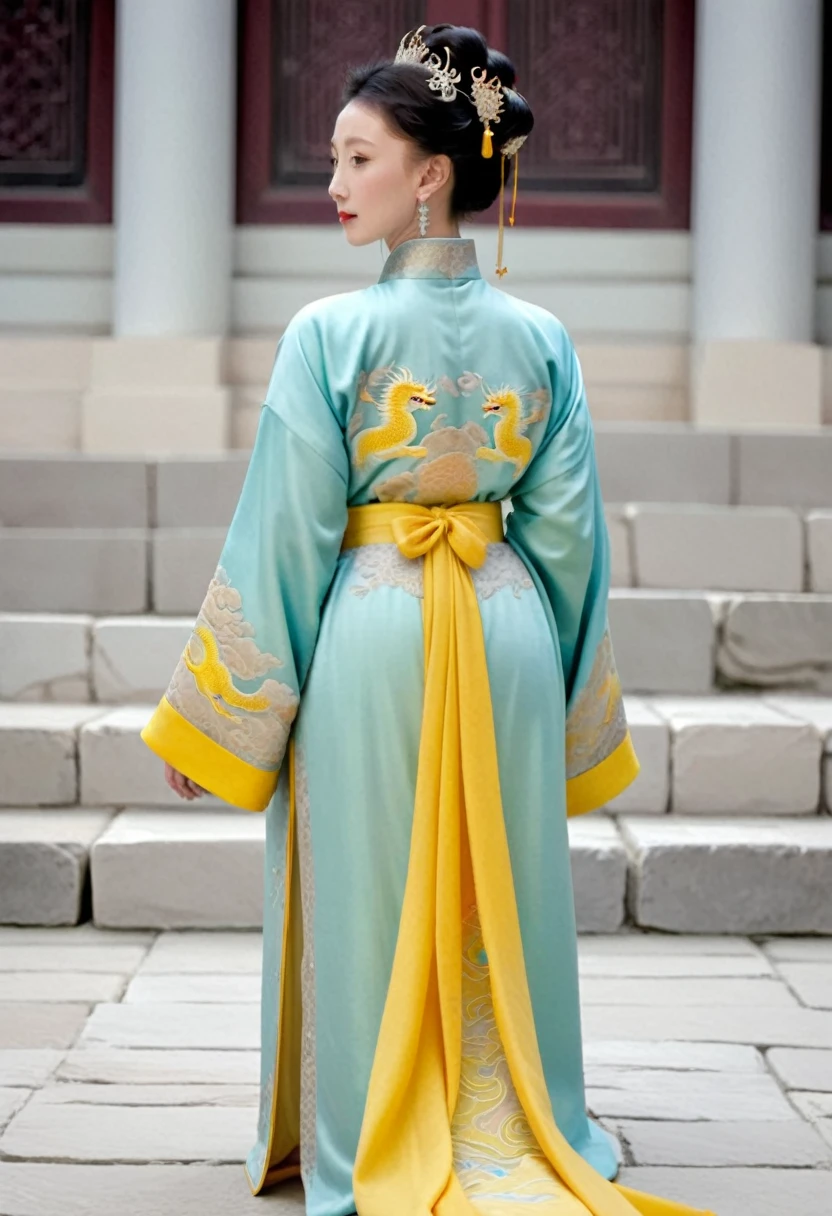 The empress of the Qing Dynasty is wearing a Hanfu with small yellow dragons embroidered on it, but she is naked and has only her buttocks rolled up to expose them. Her profile is visible from behind, and the background is the stone paving of the Qing Dynasty palace.