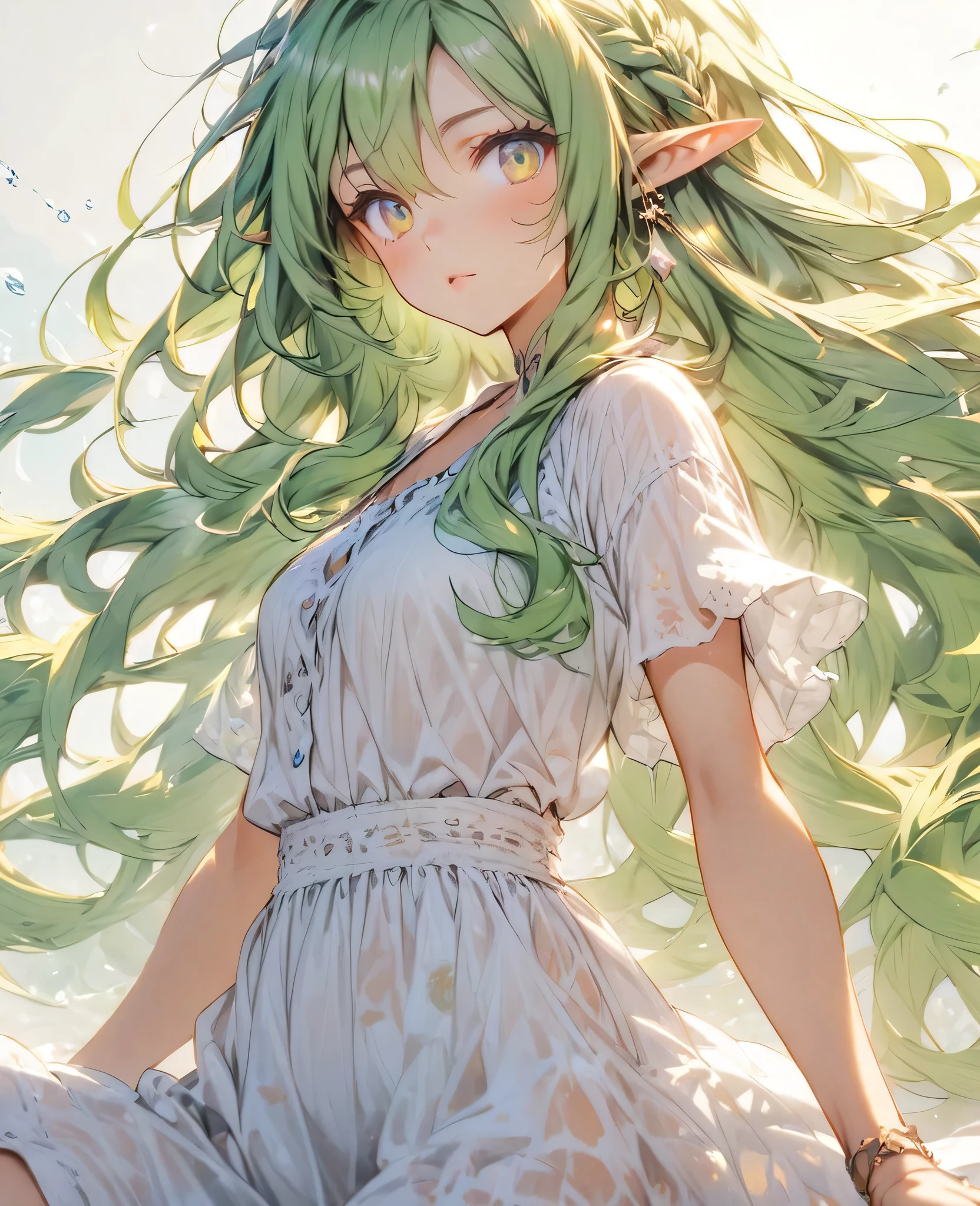 score_9, score_8_up, 1girl, solo, green eyes, long hair, green hair, looking at viewer, dress, white dress, parted lips, blush, small breasts, collarbone, standing, princess