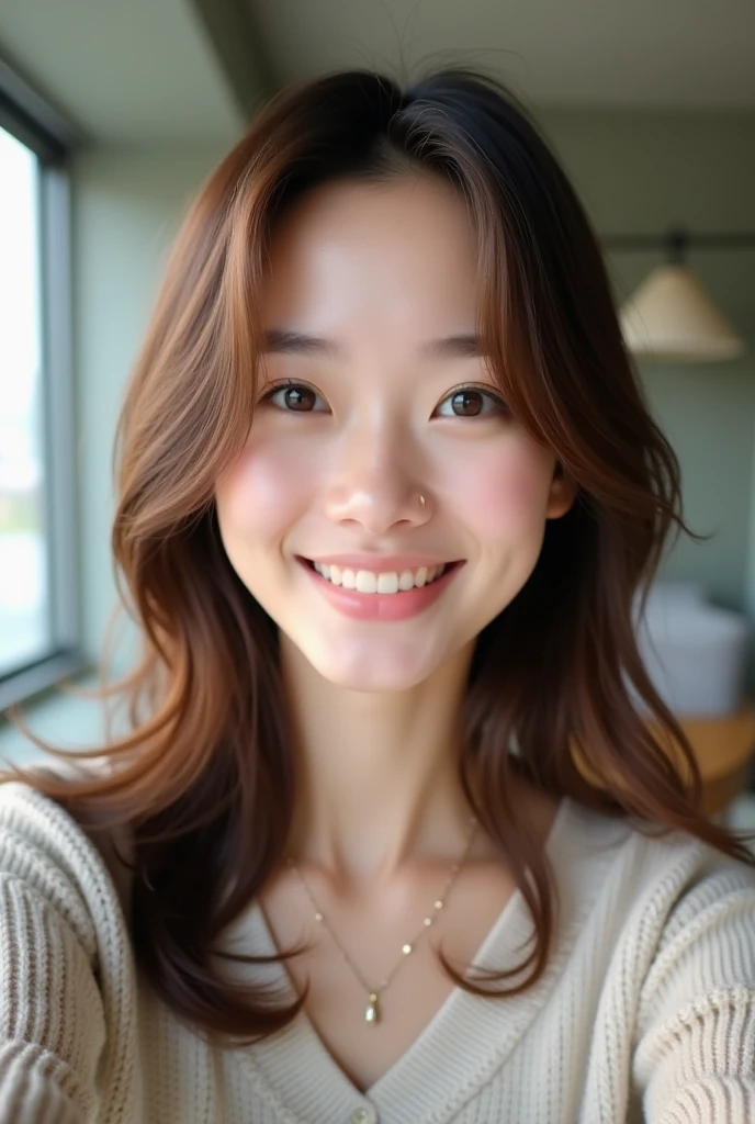 Medium-long hair that reaches just below the collarbone、high resolution、A transparent Japanese woman、Ima-ish、Elegant、White Shirt、looking at the camera、body is angled、smile、Moist and shiny hair、Thready hair、cute、Light Brown Hair、Hair with loose curls at the ends、The tips of the hair are light、Beautiful young woman who looks like a model、Styled with oil、Put your elbows on the table、Big eyes、Glossy makeup