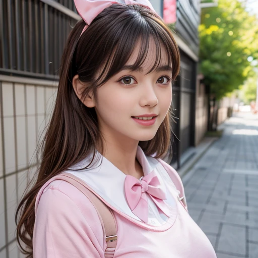 laughing out loud,Wearing a pink student sailor uniform, The sailor uniform is a white background with a pink bow tie and a pink navy collar.,pink collar,Pink pleated skirt,(knee shot), 1 girl, On the face, light brown hair, blunt bangs, hair behind ears, Hair over the shoulders, long hair, Slender body type, Super thin face, face slimming, delicate lips, beautiful eyes, Thin blush, Eyes are light brown,Check it out here, (realistic:1.3), Standing next to a Japanese street, 8k, , Super detailed, high quality, best quality, High resolution, ,Large Breasts,H CUP,