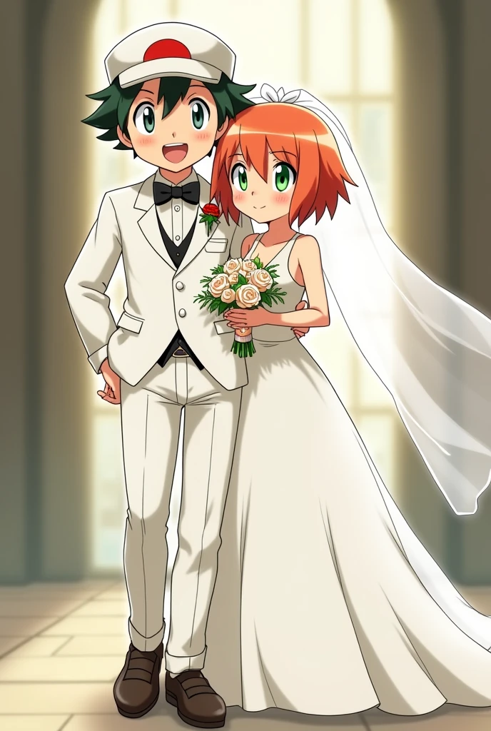 Draw the anime version of Ash from Pokémon in a groom's suit ,wearing a white cap and Misty in a beautiful wedding dress.
The dress has a fish fin style.
Let the bride's hair be short and orange ,Her eyes are green and she wears a long veil.
Let the background be soft and only the church bells can be seen Kiss