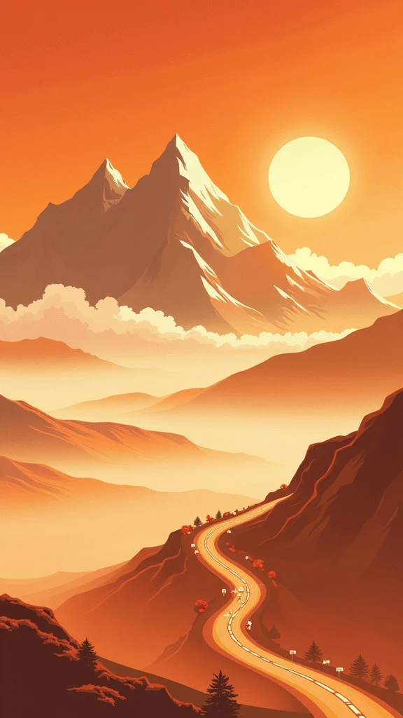poster design,road,Mountain,sun,road标,Gold Tone,Illustration Design,Flat