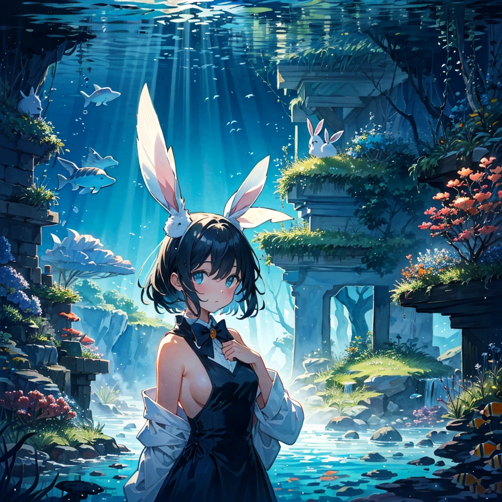 Underwater, undersea, Fantasy world, In the dark of night, the eyes emit a searchlight light, Villages utilizing giant rabbits, giant rabbits are useful in people's lives, healing, transportation, and entertainment, women with cat-ears, bare shoulder,sideboob,Close-up of the upper body, deep sea-mist, cat trees on the sea, cat shadows under the sea, light and darkness,flying carrot-cats, Artistic, memorable masterpieces, moments in history,(fantastical and mesmerizing scenery) Watercolor:1.3, Delicate, Detail, Masterpiece, (sea-rabbits:1.3),intricate line drawing
