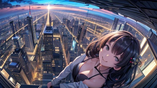High resolution、Very detailed、(1 person:1.3)、Complex architecture、Lush garden、Designing images with fisheye effect、Capture a wide field of view with a unique curved viewpoint、Panoramic cityscape、Create elevation-aware rooftop views in urban environments、smile、Cleavage、Face close-up