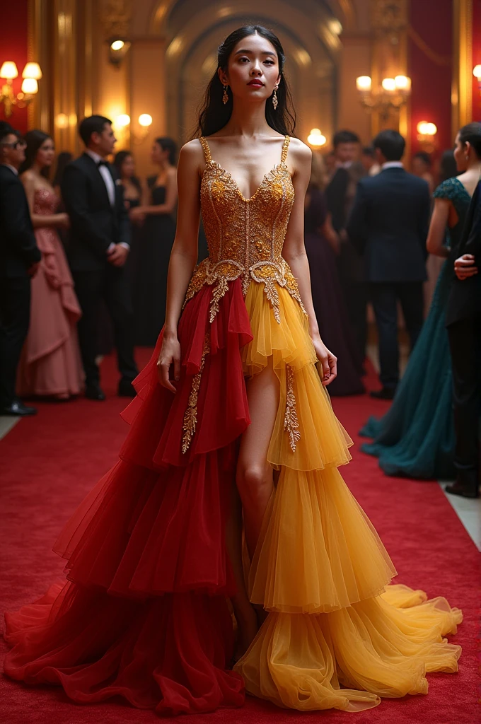 dress on mullet style with layers without puffy shoulders based on game of thrones and house of the dragon for prom that is hollywood based