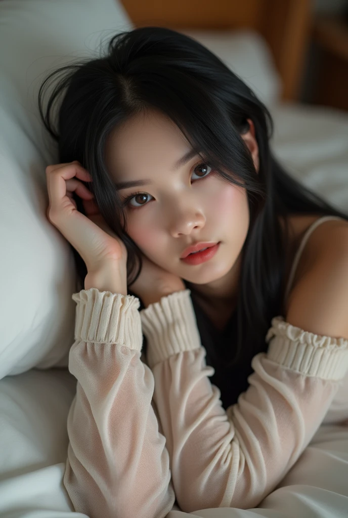 (full body shot:1) laying down, photorealistic image of a woman, ultrarealistic, photography, straight long black hair, asian woman, beautiful cute sexy asian 20 years old woman, hourglass figure, perfect body, Flirty look, natural big breasts, long eyelashes, cat eye make-up, double eyelids, sexy pose, erotic pose, seductive pose, big breasts, big tits , she wears a Full Print Mesh Off-Shoulder Long Sleeve Summer Top , shorts, beautiful scenery ,sexy pose, arms on forehead