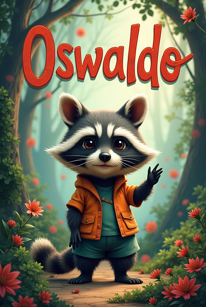 Create the cover of a book and animate it with the written name of Oswaldo as the title, adding an animated animal with clothes but that is not fictional and is colorful.
