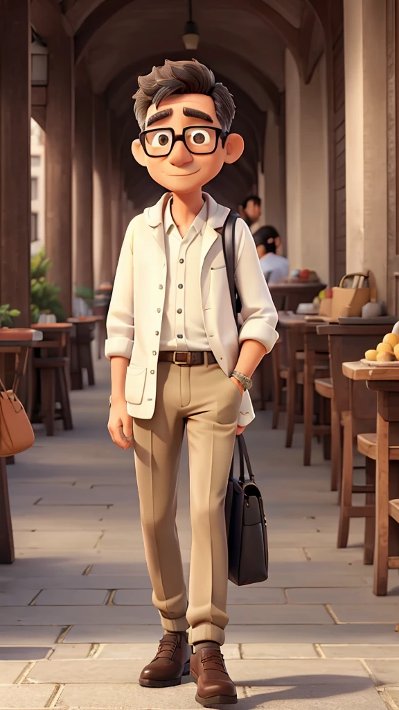 A man walking on the city road, 50 years old, short hair, thin face , glasses, white long sleeves shirt, black shawl cardigan, khaki chino, white snakers, fully light, hold tote bag.