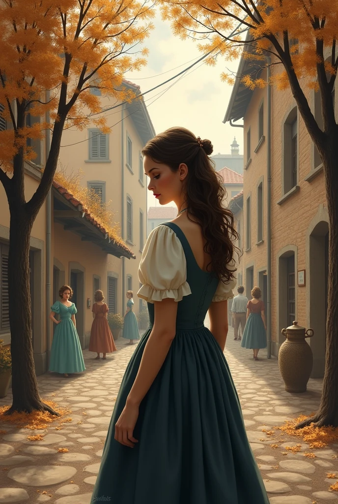 A book cover of a woman in an old town with brown trees and woman turned away