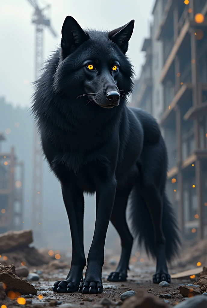 masterpiece, best quality, 8K resolution, Very detailed, hairy, Perfect anatomical structure, Light Particles,black Wolf, Solitary, Vertical pupil,Eye, strong, (Eye anthro wolf):1.3, (Black fur 1.4), White belly, Furred, Delicate Eye, Wolf tail, ((Portraits)), , (Delicate Eye, 金Eye, Bright Eye):1.1, The Art of Mathematics, masterpiece, Anime style, Time-worn, muscular, Uncle, Messy beard, middle aged, old, Construction Site, cape, Worker