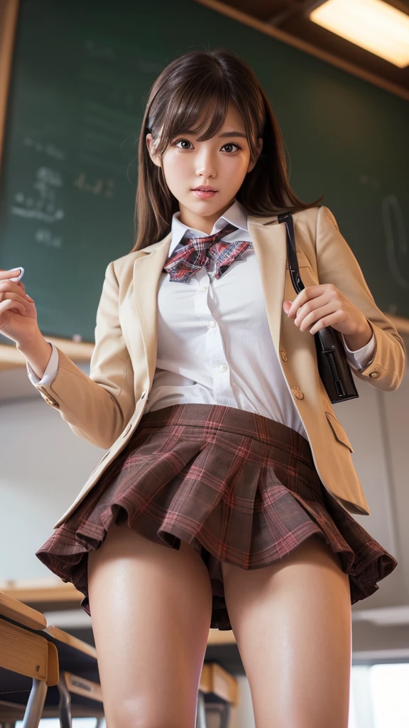 Product quality,1 girl,((Shooting from below:1.4)),((Thigh Emphasis:1.4)),Young and cute Japanese,Daytime, ((High school classroom:1.2)),Schoolgirl uniform,blazer, Ultra short,Plaid,Blue micro mini skirt,Very cute face,Glossy Lips,Beautiful big eyes,Brown eyes,Double eyelids on both eyes,(Natural Makeup),shiny smooth light brown long hair,,,Asymmetrical bangs,Center image,8k resolution,Attention to detail,Detailed hairstyle,Detailed face,Cinema Lighting,Octane Rendering,Ultra-realistic,Perfect limbs,Beautiful legs,Voluptuous thighs,Huge breasts,Perfect Anatomy,Bold sexy pose,Burning idol pose