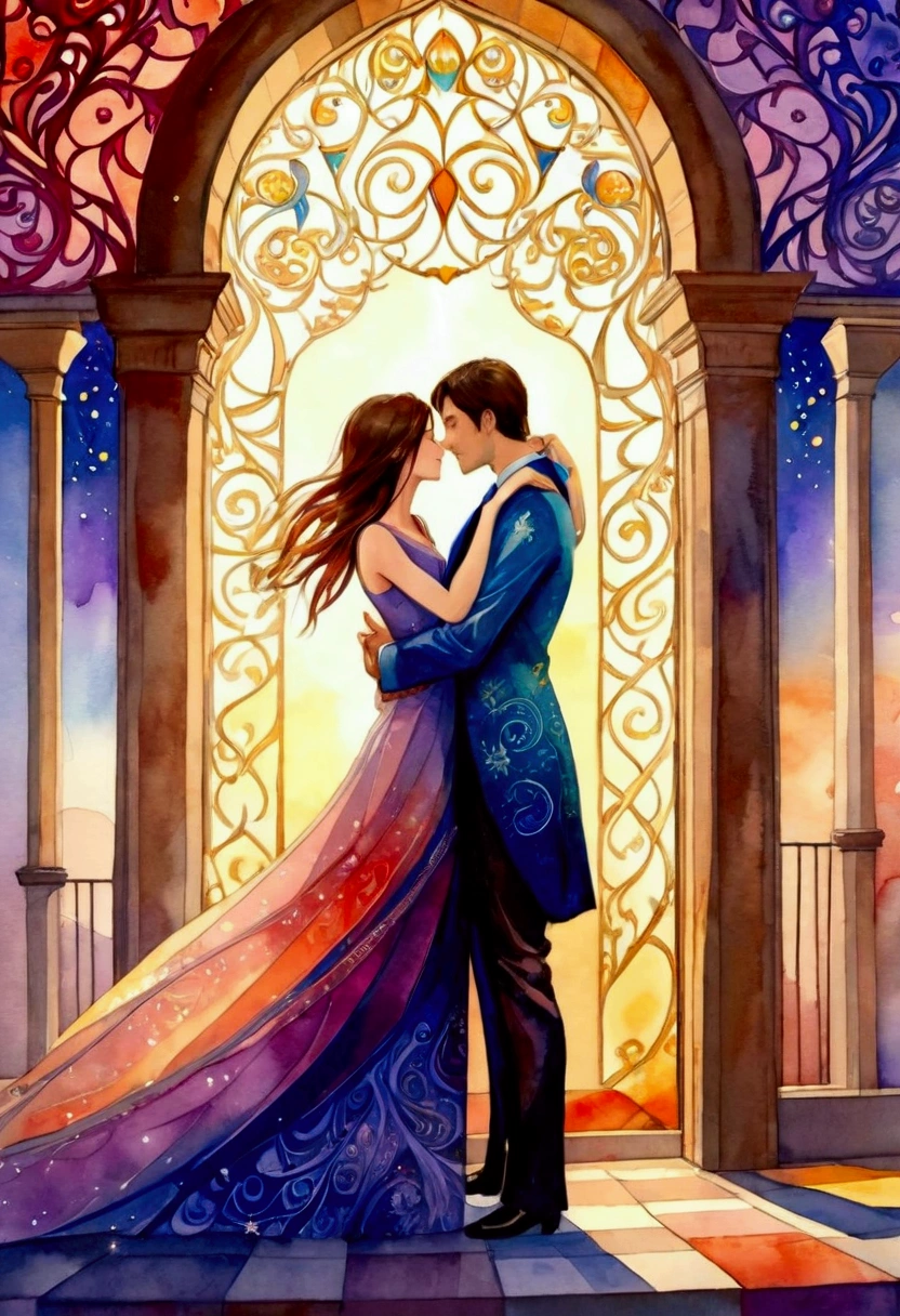 A couple hugging, (Scene of Happiness,very beautiful:1.4), Watercolor,((Inspired by: stefan koidl)) , Like a dream, mystery, provocative, Symbolic, Patchwork style_Background with complex patterns, Vibrant colors, Dramatic lighting casts surreal shadows, Fantasy elements, Magic realism atmosphere, Wide-angle viewing angle creates optical illusions.(masterpiece, best quality:1.4)