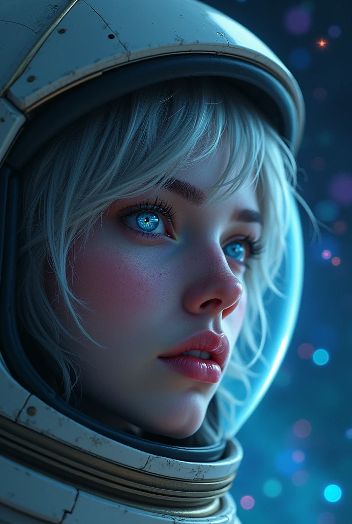 (Close-up of a better masterpiece:1.5)0.9], (Space and astronauts:1.2) (Messy silver hair:1.1) (Heterochromia xanthochromia and blue eyes:1.2) (Space Helmet:1.0) (Colored stars in the eyes:1.0) (A radiant glow:1.1) (thick lips:0.9)