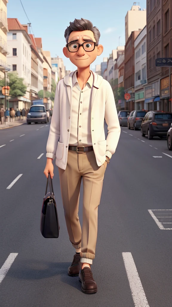 A man walking on the city road, 50 years old, short hair, thin face , glasses, white long sleeves shirt, black shawl cardigan, khaki chino, white snakers, fully light, hold tote bag.