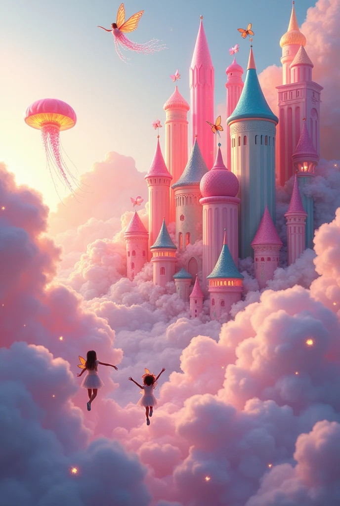 “A floating city in the clouds, where the buildings are made of candy and glowing crystals. The sky is a gradient of soft pink and purple, with giant transparent jellyfish gracefully drifting through the air. A group of children with butterfly wings are playing among the clouds, leaving trails of sparkles behind them. The entire scene is bathed in a warm, gold