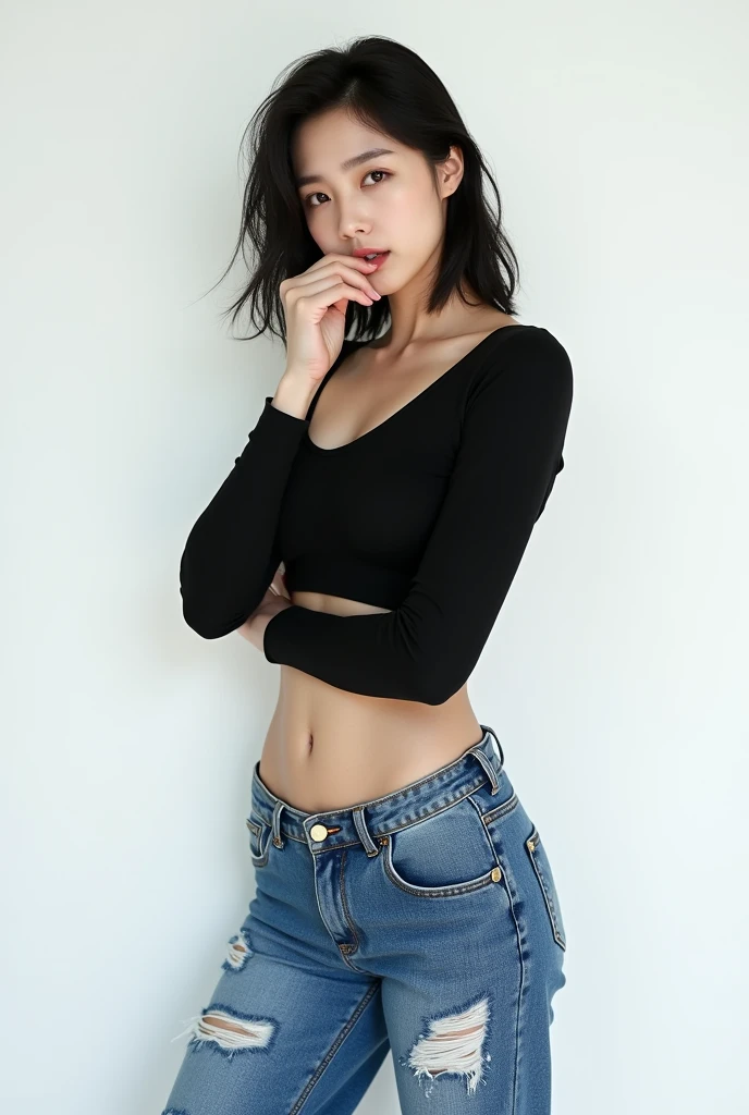 Realistic photo of a 24 year old Korean boy, pale face, beautiful face, Muscular and strong body, shoulder length long black hair , wearing men's cropped jeans with long sleeves, wearing baggy wide leg loose baggy jeans with rips open zipper, hand in the mouth, white background , making sexy gestures, fully body, posing for photo shoot, doing poses, polaroid , looking straight ahead