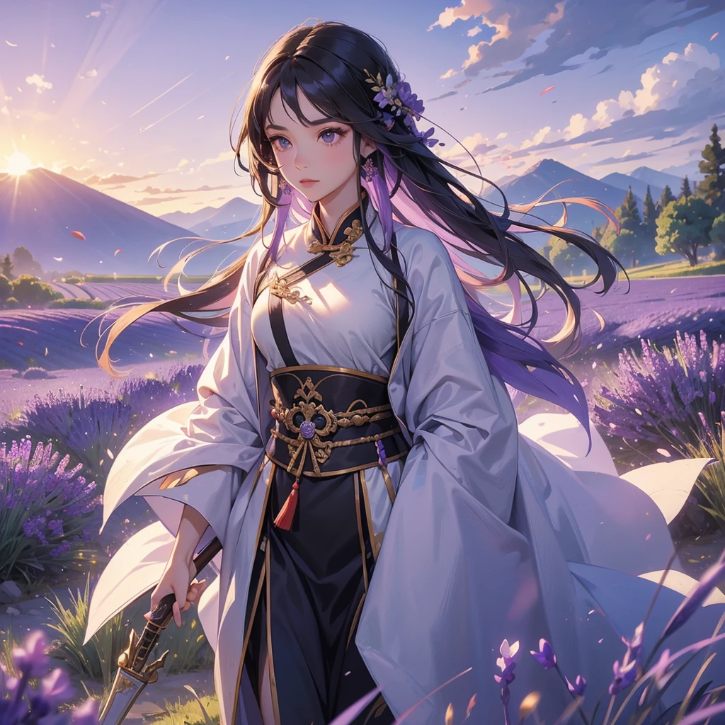 A beautiful female general holding a big spear in ancient Chinese general costume, walking In the middle of lavender fields , Surrounded by lavender fields, purple, with green mountains in the background, low clouds, the sun is about to set. close up.
